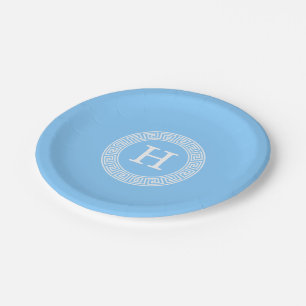 Sky Blue Wht Greek Key Rnd Frame Initial Monogram Paper Plate