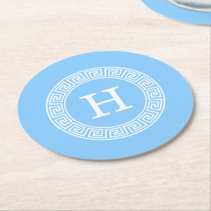 Sky Blue Wht Greek Key Rnd Frame Initial Monogram Round Paper Coaster