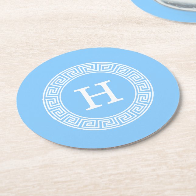 Sky Blue Wht Greek Key Rnd Frame Initial Monogram Round Paper Coaster (Angled)