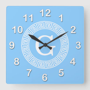 Sky Blue Wht Greek Key Rnd Frame Initial Monogram Square Wall Clock