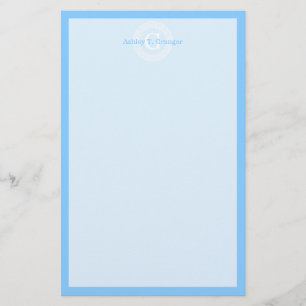 Sky Blue Wht Greek Key Rnd Frame Initial Monogram Stationery