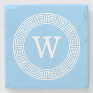 Sky Blue Wht Greek Key Rnd Frame Initial Monogram Stone Coaster
