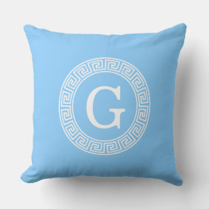 Sky Blue Wht Greek Key Rnd Frame Initial Monogram Throw Pillow
