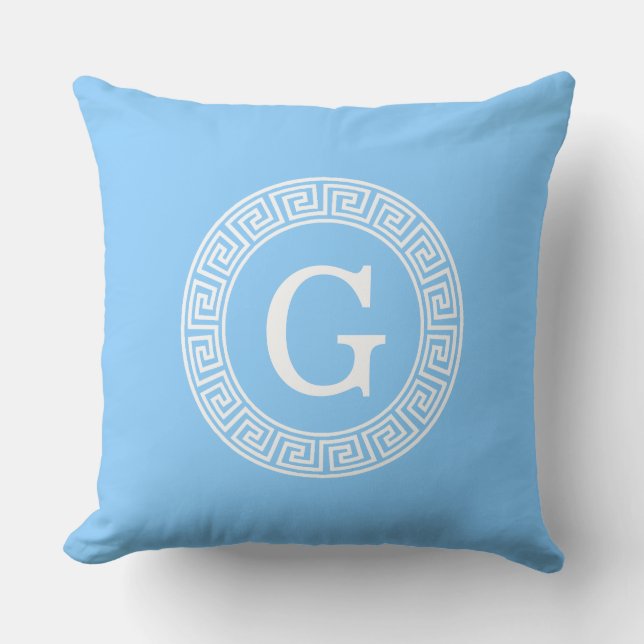 Sky Blue Wht Greek Key Rnd Frame Initial Monogram Throw Pillow (Front)