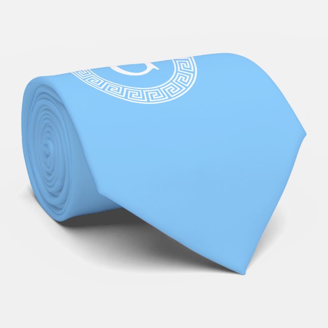 Sky Blue Wht Greek Key Rnd Frame Initial Monogram Tie (Rolled)