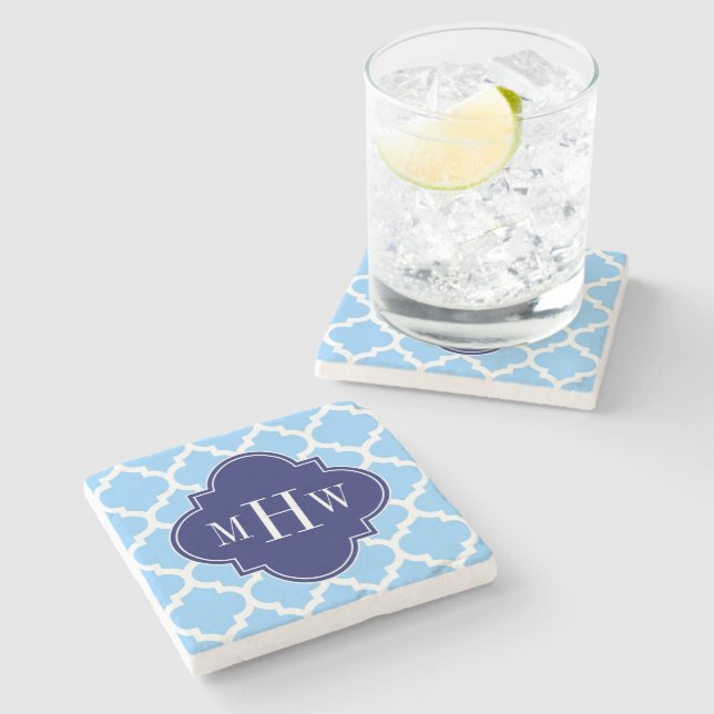Sky Blue Wht Moroccan #5 Navy Blu 5c Name Monogram Stone Coaster (Side)