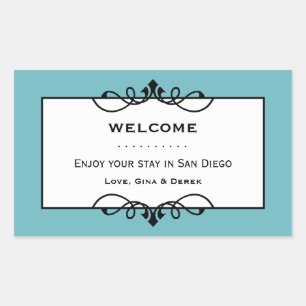 Sky blue wrought iron frame out of town gift bag sticker