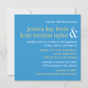 Sky blue yellow typography modern couple wedding invitation