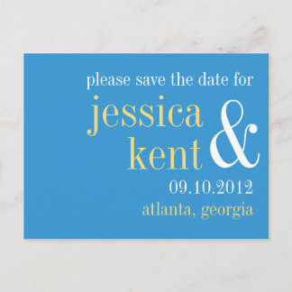 Sky blue yellow typography modern save the date announcement postcard