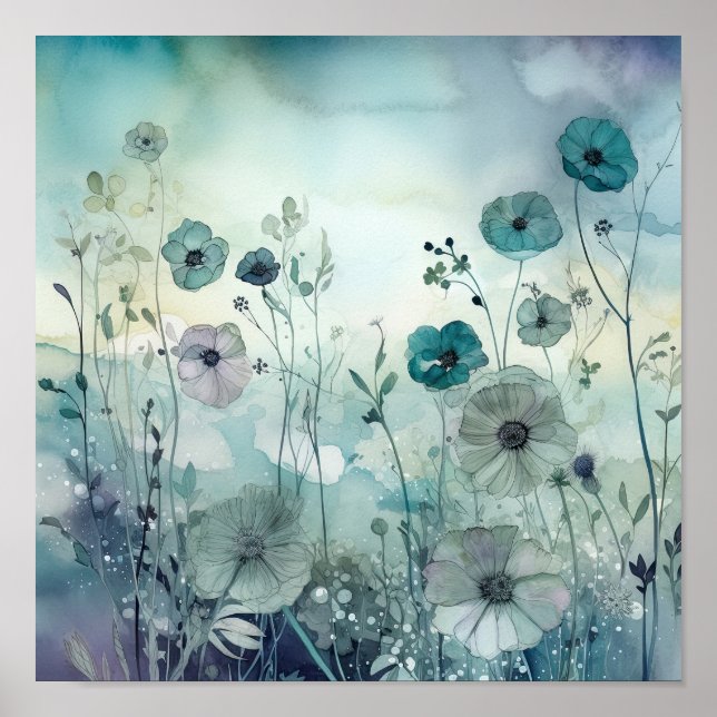 Sky Blues Wild Field Flowers Art Poster (Front)