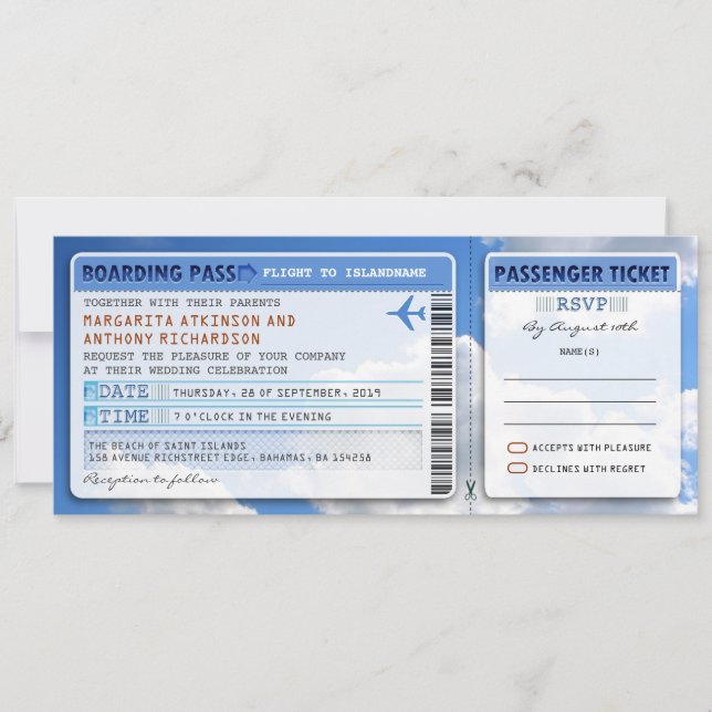 sky boarding pass wedding ticket-invite with rsvp invitation (Front)