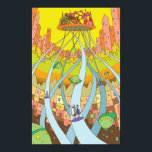 Sky city accessible by high-speed elevator. poster<br><div class="desc">Step into an exciting futuristic world filled with new discoveries every time you look. A floating city in a vibrant yellow sky, with dynamic transport tubes stretching towards it. Unique characters moving along the tubes and pods soaring through the city create a pop and slightly surreal sci-fi world. The retro-pop...</div>