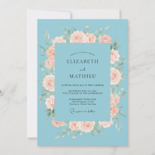 Sky Coral Camellia Eucalyptus Wedding Invitation