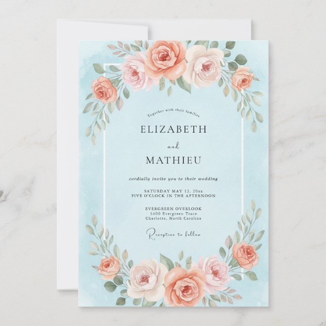 Sky Coral Ranunculus Eucalyptus Wedding Invitation (Front)