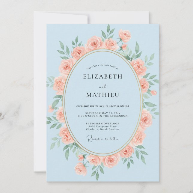 Sky Coral Wreath Wedding Invitation (Front)