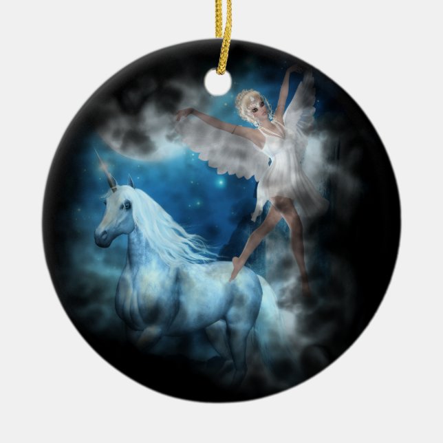 Sky Faerie Asparas and Unicorn Vignette Ceramic Ornament (Front)