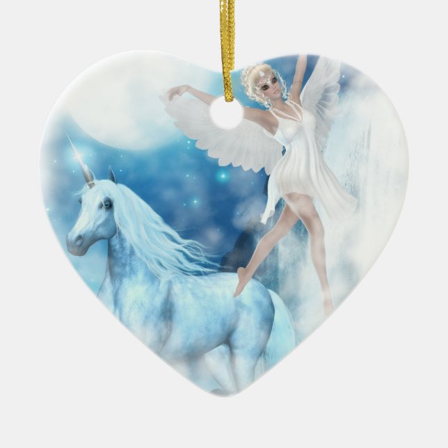 Sky Faerie Asparas and Unicorn Vignette Ceramic Ornament (Front)