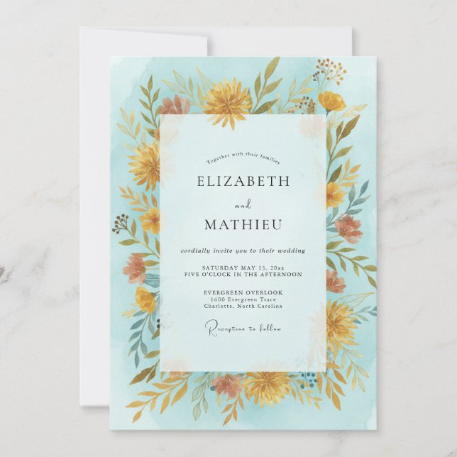 Sky Gold Wildflower Wedding Invitation (Front)