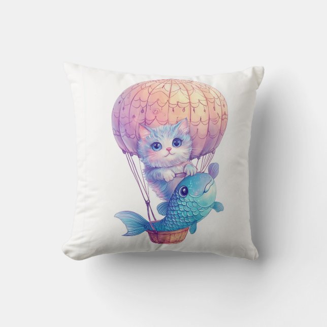 Sky High Kitty � Cute Whimsical Cat Adventure Throw Pillow (Front)