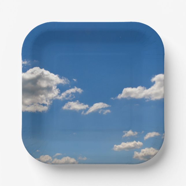 Sky is blue and white clouds are passing by  paper plate (Front)