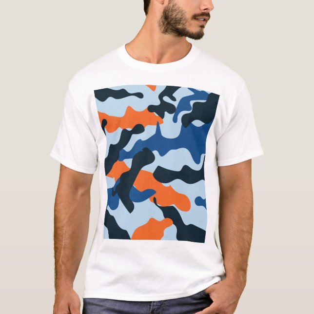 Sky Navy Blue Orange Racing Camouflage Pattern T-Shirt (Front)