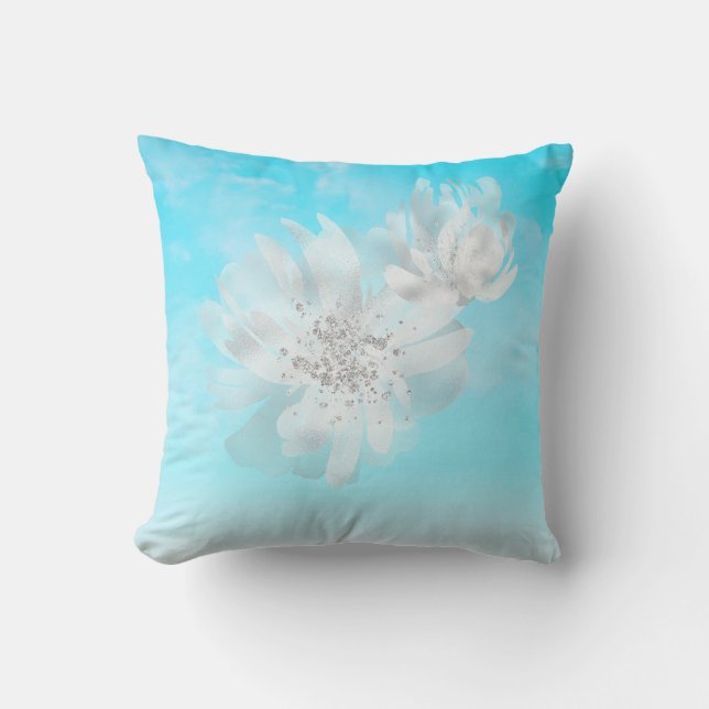 *~* Sky Ombre Clouds White Flowers Glitter Blue Throw Pillow (Front)
