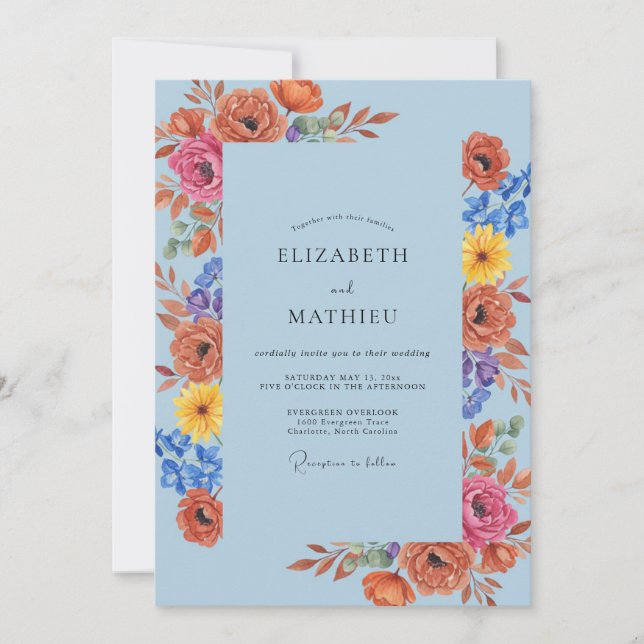 Sky Orange Wildflower Wedding Invitation (Front)