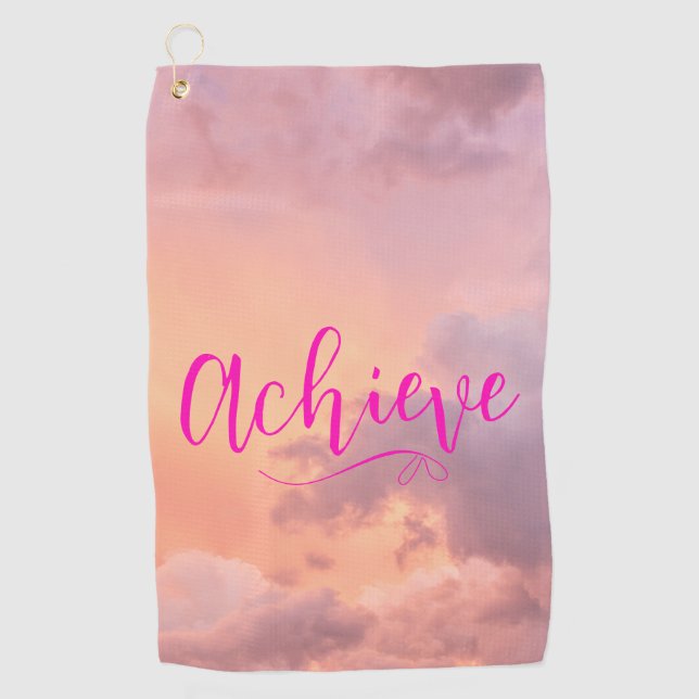 Sky Photo Hot Pink Achieve Quote Script Typography Golf Towel (Front)