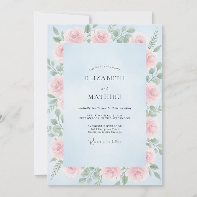 Sky Rose Blush Peony Wedding Invitation (Front)