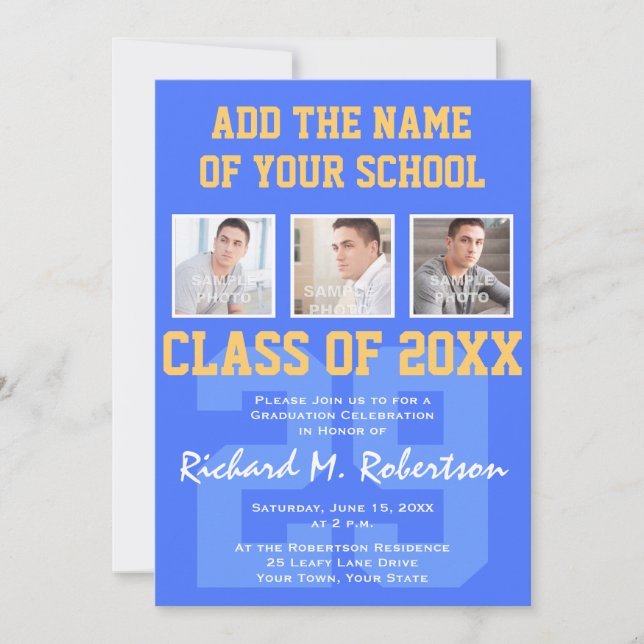 Sky Royal Blue and Gold Athlete's Graduation Invitation (Front)
