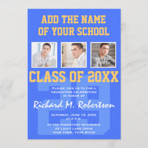 Sky Royal Blue and Gold Athlete's Graduation Invitation