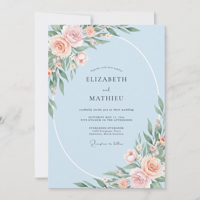 Sky Soft Peach Peony Wedding Invitation (Front)