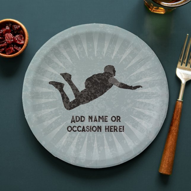Skydiver action hero - rugged steel look own text paper plate (Creator Uploaded)