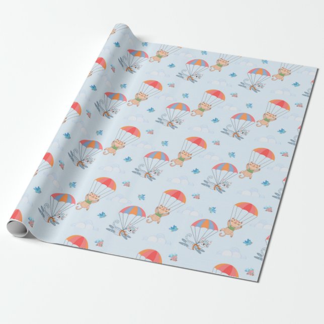 Skydiver Cat Seamless Pattern Wrapping Paper (Unrolled)
