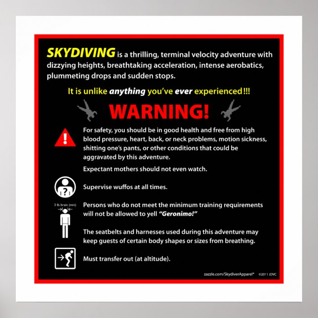 SKYDIVING Theme Park Warning Sign (Front)