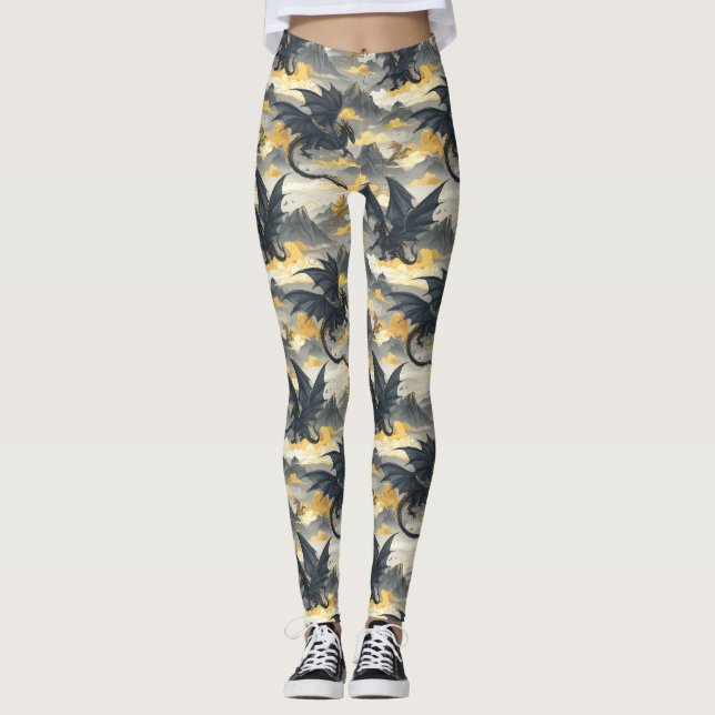 Skydwellers – Black & Gold Dragons Leggings (Front)