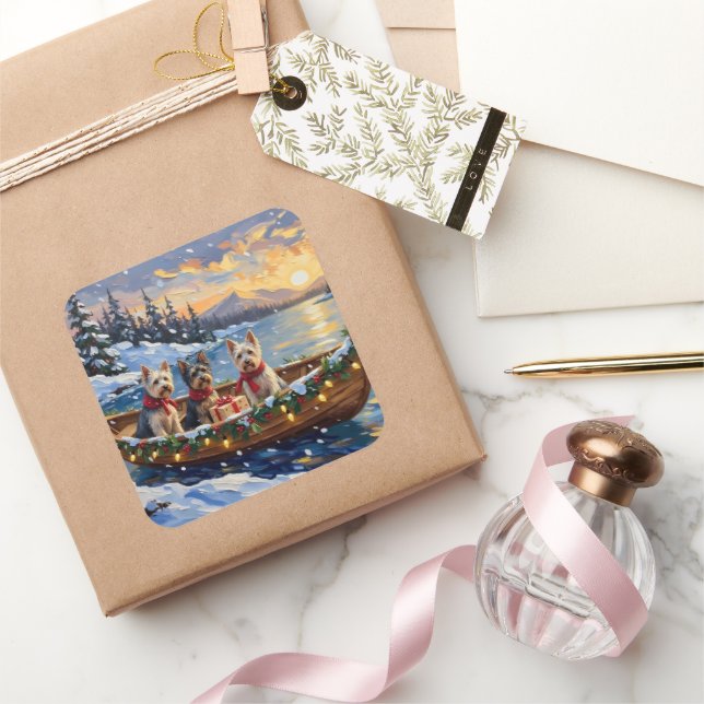 Skye Terrier Christmas Boat Holiday Square Sticker (Gifting)