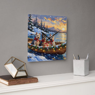Skye Terrier Christmas Boat Holiday Square Wall Clock