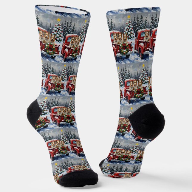Skye Terrier Christmas Red Truck Holiday Socks (Angled)