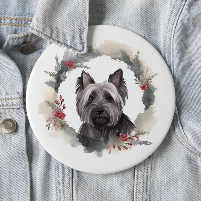 Skye Terrier Christmas Wreath Festive Pup 6 Inch Round Button (In Situ)