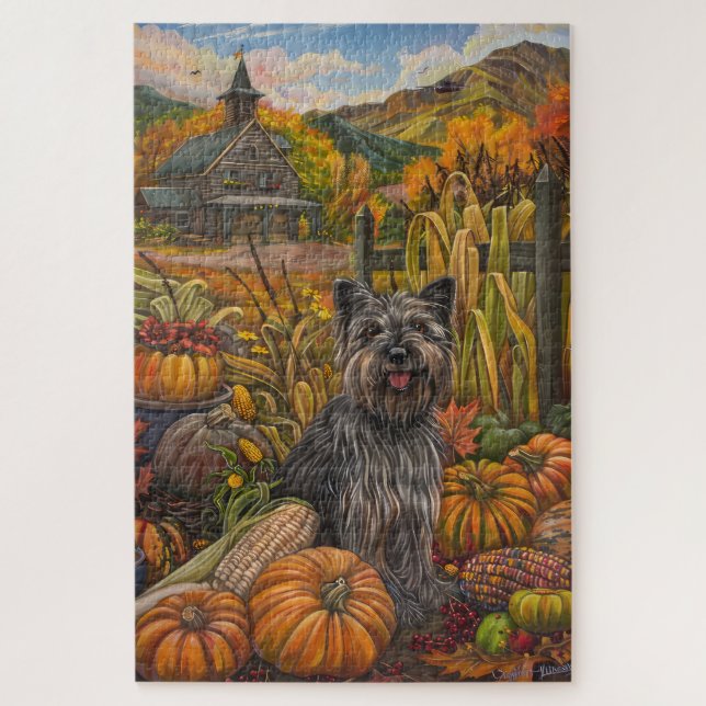Skye Terrier Dog Autumn Harvest Thanksgiving Jigsaw Puzzle (Vertical)