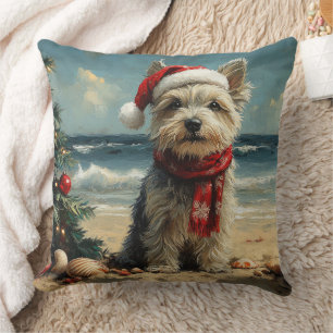 Skye Terrier Dog Christmas Vintage Beach Throw Pillow