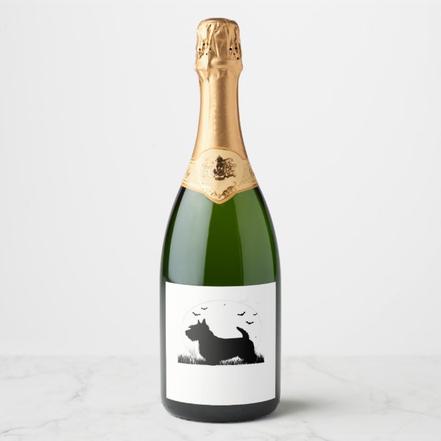 Skye Terrier Dog � Halloween Moon Silhouette Class Sparkling Wine Label (Front)