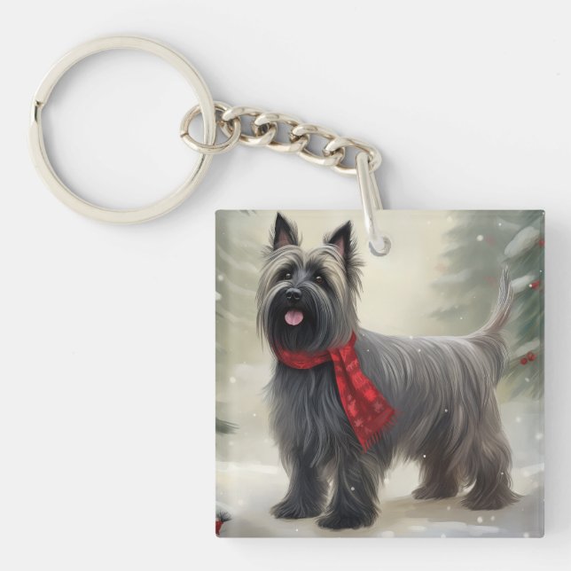Skye Terrier Dog in Snow Christmas  Keychain (Front)