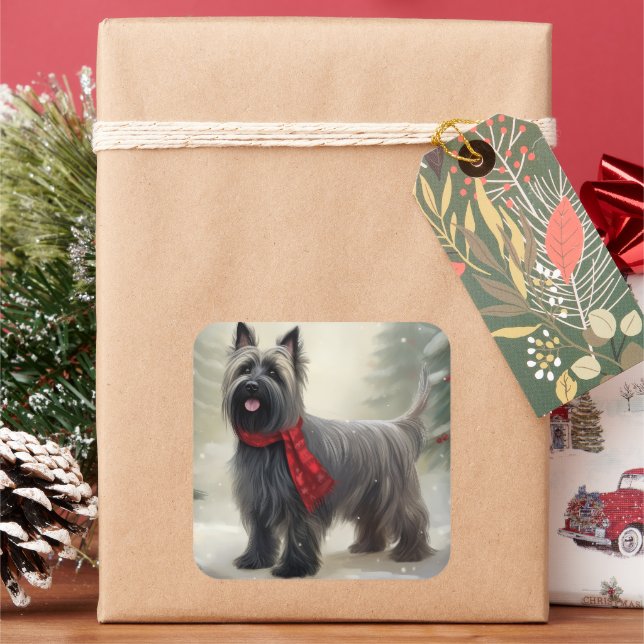 Skye Terrier Dog in Snow Christmas  Square Sticker (Holiday)