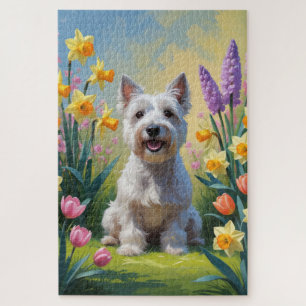 Skye Terrier Dog Spring Flowers Painting Jigsaw Puzzle