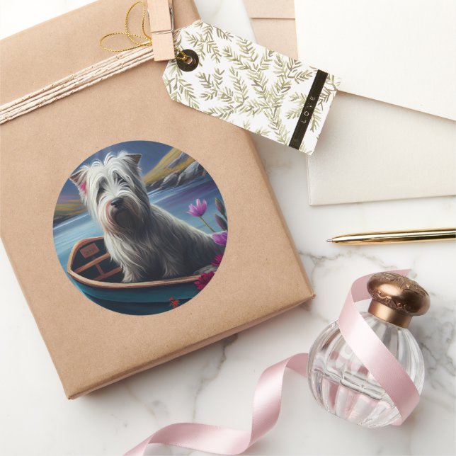 Skye Terrier on a Paddle: A Scenic Adventure Classic Round Sticker (Gifting)