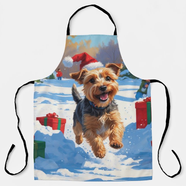 Skye Terrier Running in Snow with Christmas Hat Apron (Front)