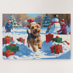 Skye Terrier Running in Snow with Christmas Hat Jigsaw Puzzle