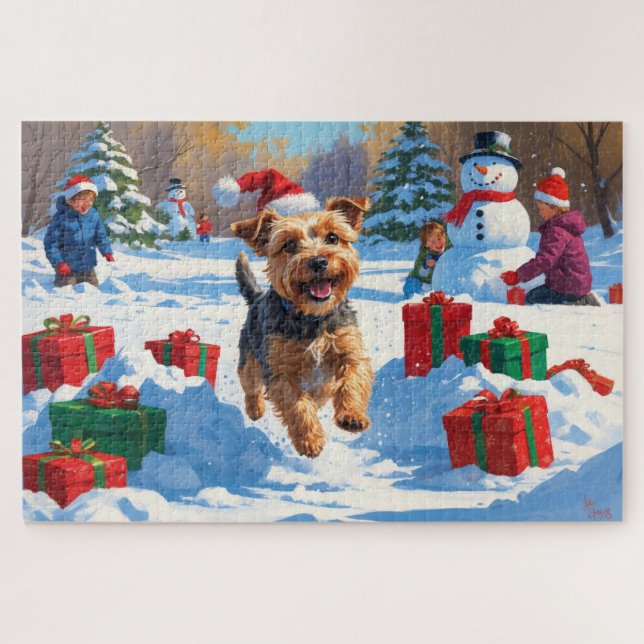 Skye Terrier Running in Snow with Christmas Hat Jigsaw Puzzle (Horizontal)